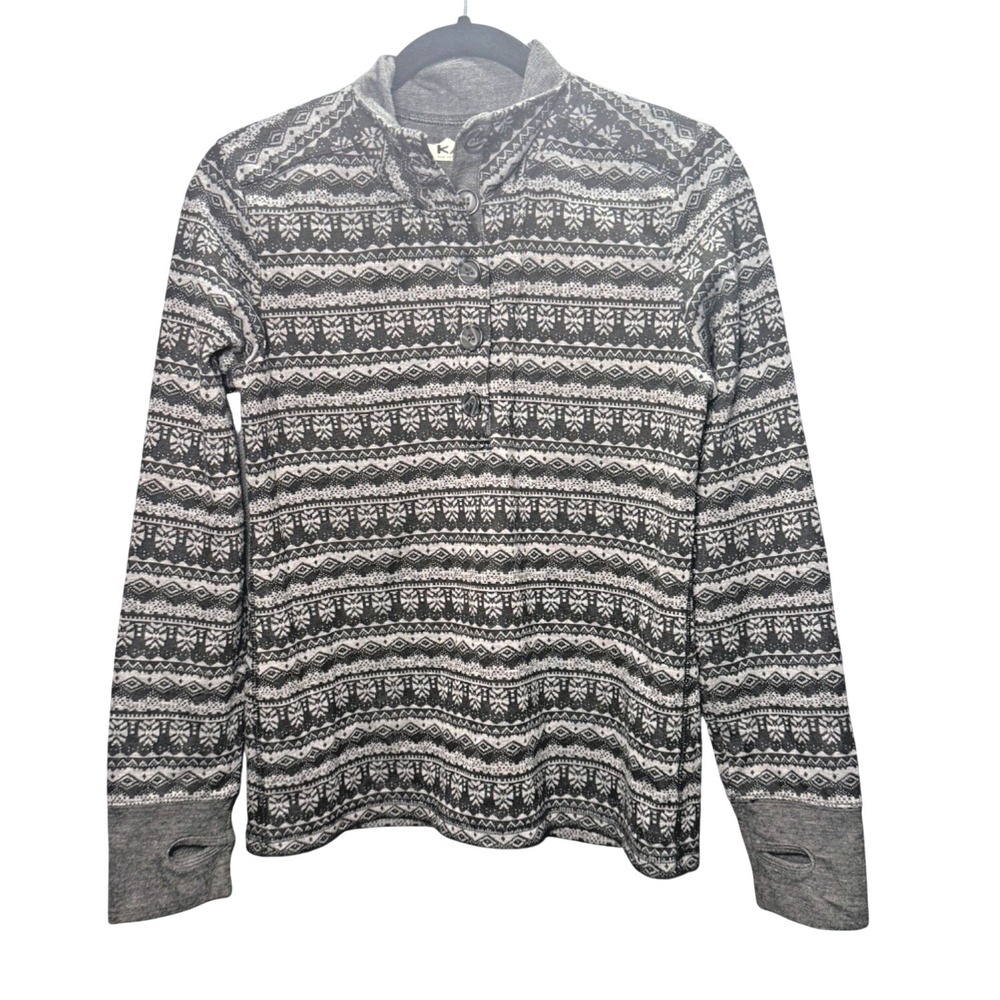 KAVU Pullover Top Womens L Gray Nordic Fair Isle Button Mock Neck Thumbholes